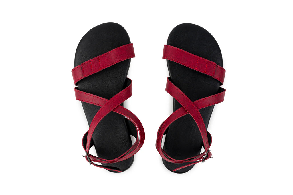 Ahinsa Hava - Burgundy Strap-Up barefoot sandals אהינסה חווה סנדלי ברפוט בורדו טבעוניות לנשים