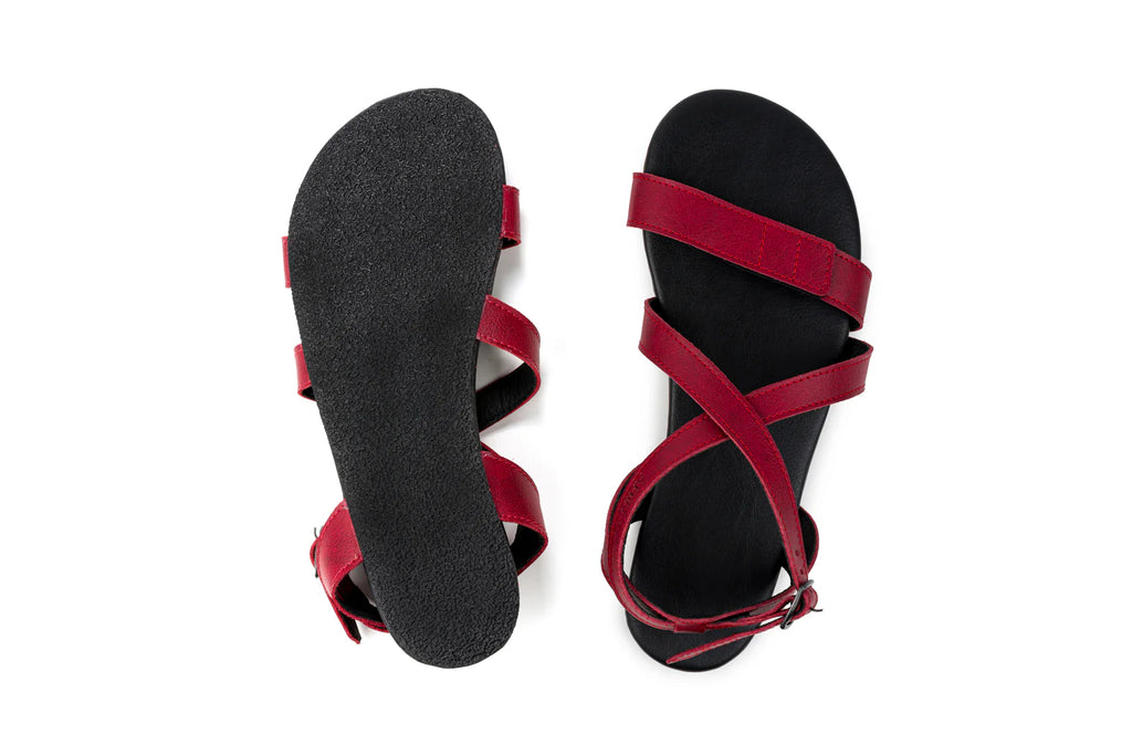 Ahinsa Hava - Burgundy Strap-Up barefoot sandals אהינסה חווה סנדלי ברפוט בורדו טבעוניות לנשים