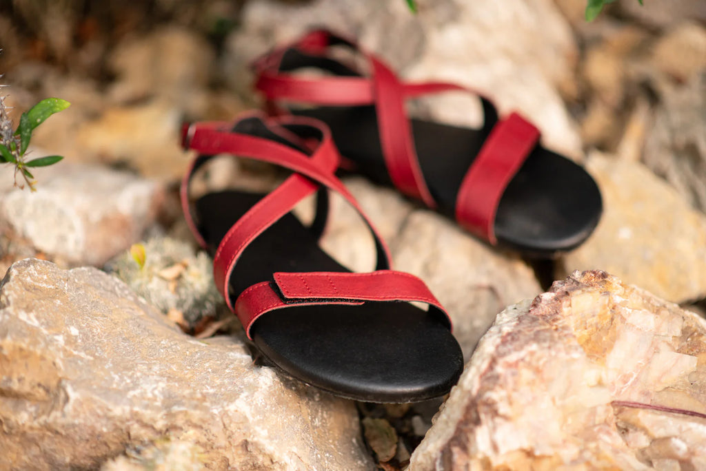 Ahinsa Hava - Burgundy Strap-Up barefoot sandals אהינסה חווה סנדלי ברפוט בורדו טבעוניות לנשים