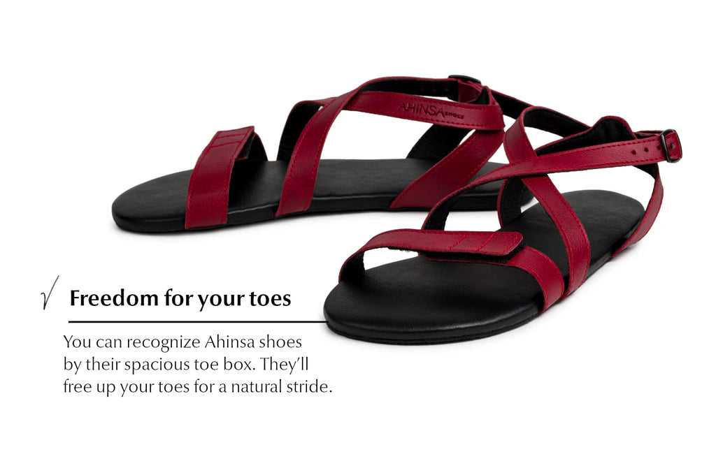 Ahinsa Hava - Burgundy Strap-Up barefoot sandals אהינסה חווה סנדלי ברפוט בורדו טבעוניות לנשים