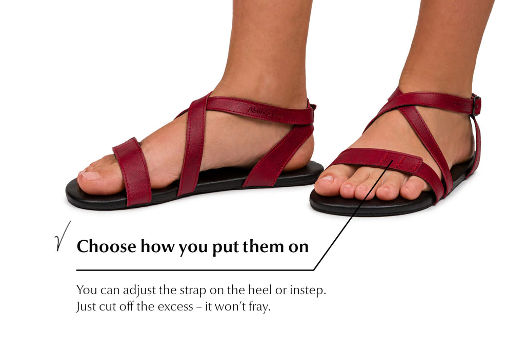 Ahinsa Hava - Burgundy Strap-Up barefoot sandals אהינסה חווה סנדלי ברפוט בורדו טבעוניות לנשים