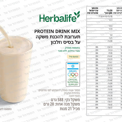 Protein Drink Mix אבקת חלבון וניל 588 גרם - תווית מוצר, רכיבים וערכים תזונתיים