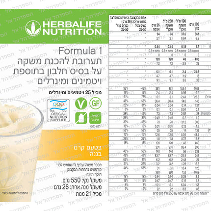 אבקת שייק פורמולה 1 קרם בננה 550 גרם - תווית מוצר, רכיבים וערכים תזונתיים